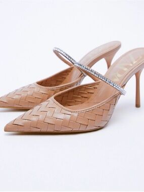 Zara Nude Woven Pointed Mule with Crystal Strap